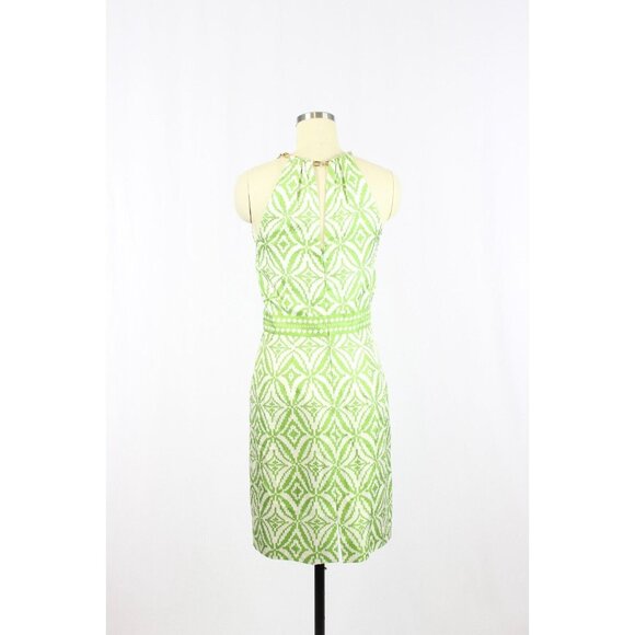 MILLY White Green Geometric Print Silk Twill Chain Halter Sheath Dress, Size 2 - Picture 3 of 14
